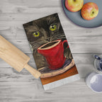 Hand-Painted Black Cat with Red Mug Tea Towel | 100% Cotton Kitchen Art
