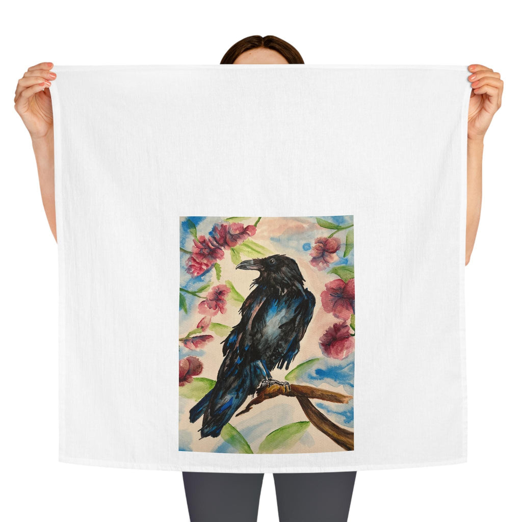 Blue Raven Illustration Tea Towel | Floral Bird Art