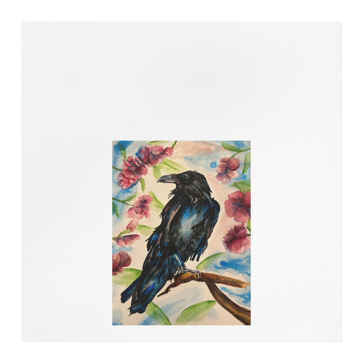 Blue Raven Illustration Tea Towel | Floral Bird Art