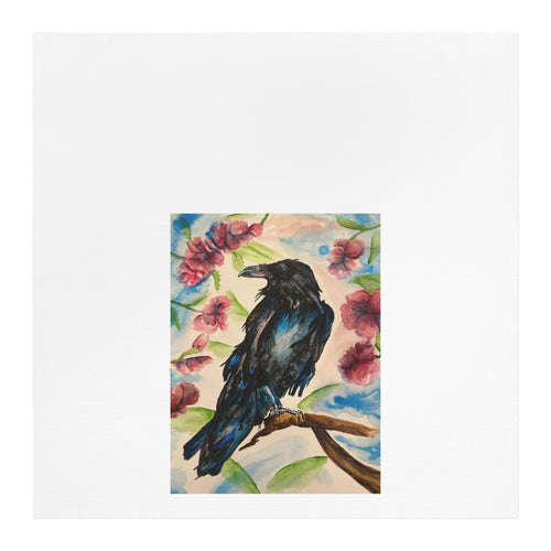 Blue Raven Illustration Tea Towel | Floral Bird Art