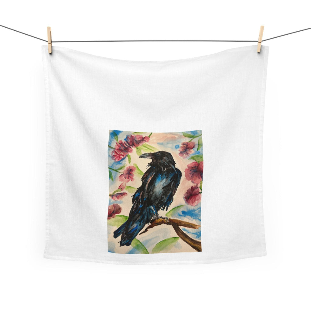 Blue Raven Illustration Tea Towel | Floral Bird Art