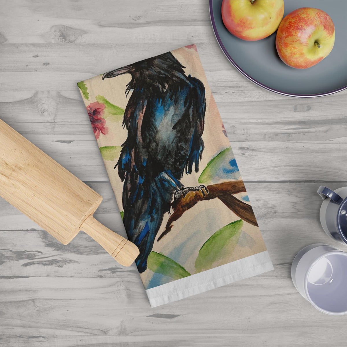 Blue Raven Illustration Tea Towel | Floral Bird Art