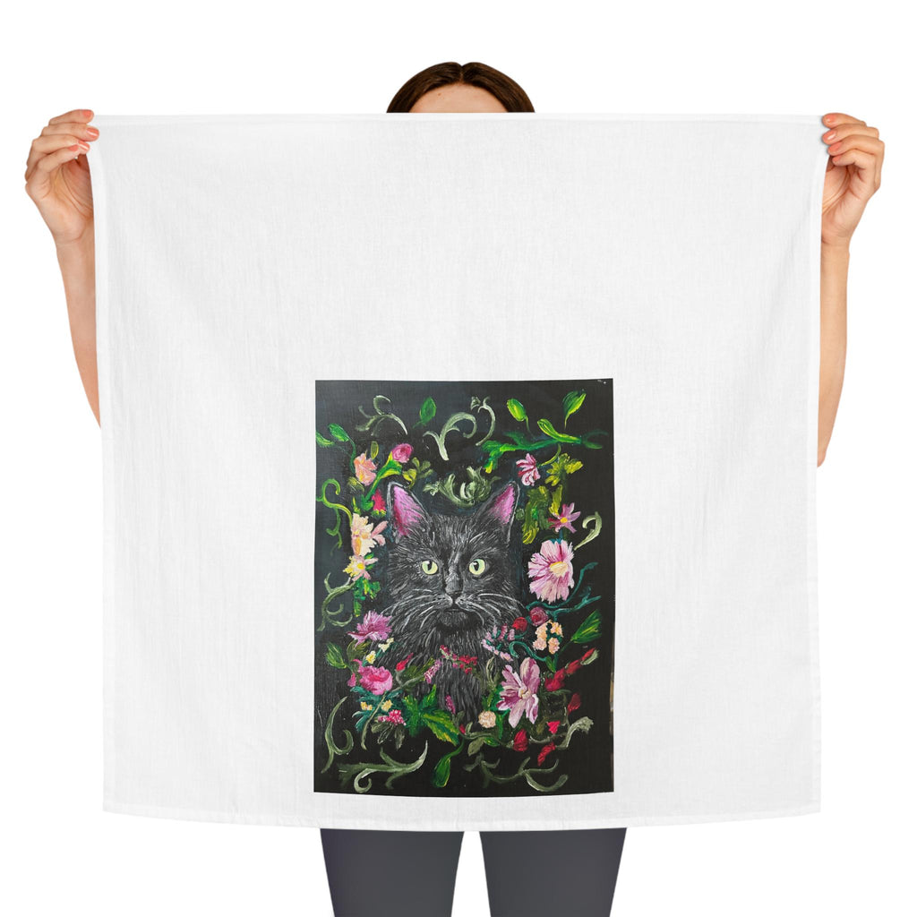 Black Kitten Portrait Tea Towel | Floral Vine Cat Illustration