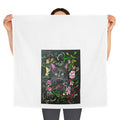 Black Kitten Portrait Tea Towel | Floral Vine Cat Illustration