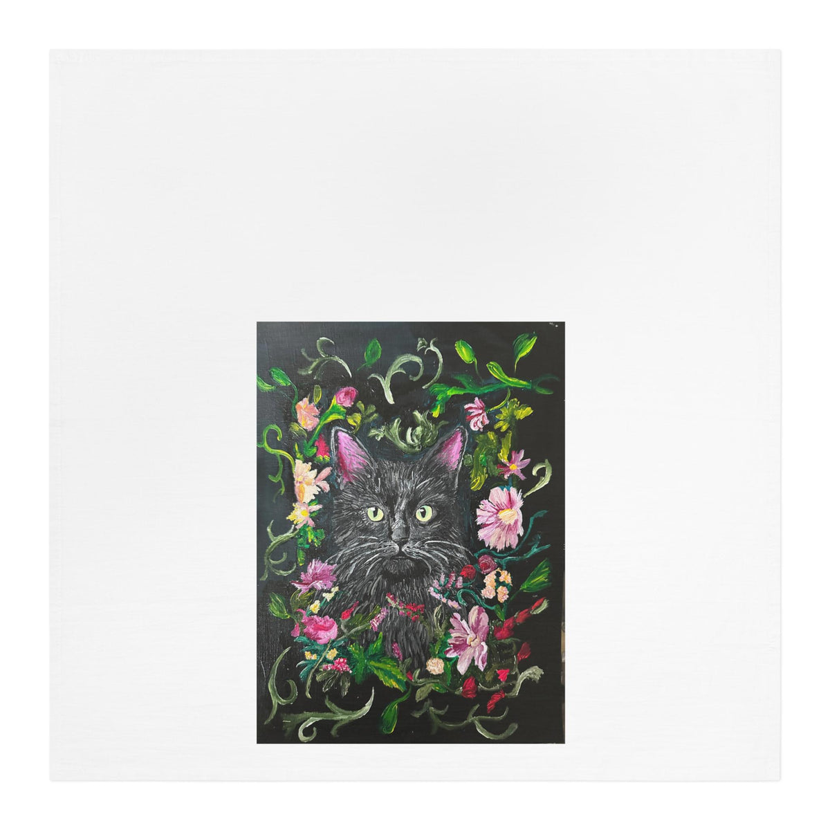 Black Kitten Portrait Tea Towel | Floral Vine Cat Illustration