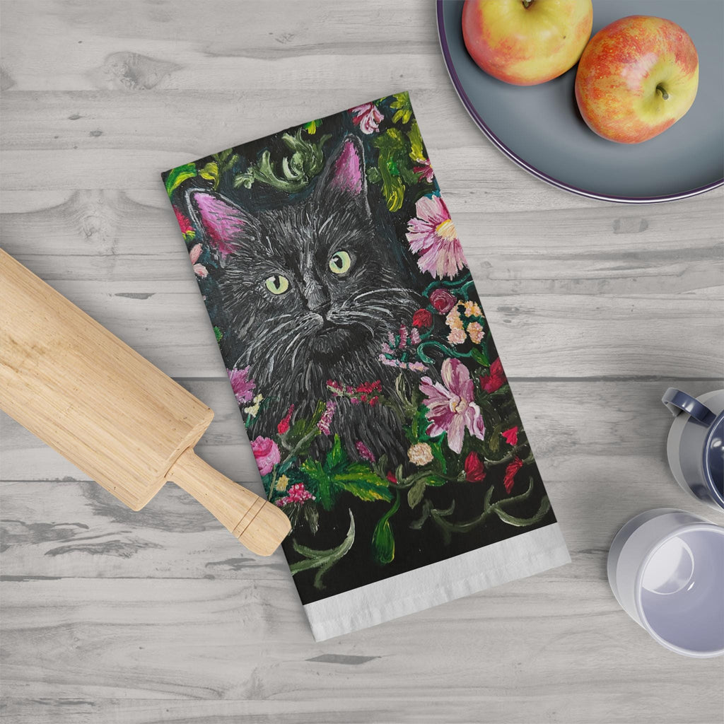 Black Kitten Portrait Tea Towel | Floral Vine Cat Illustration