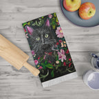 Black Kitten Portrait Tea Towel | Floral Vine Cat Illustration