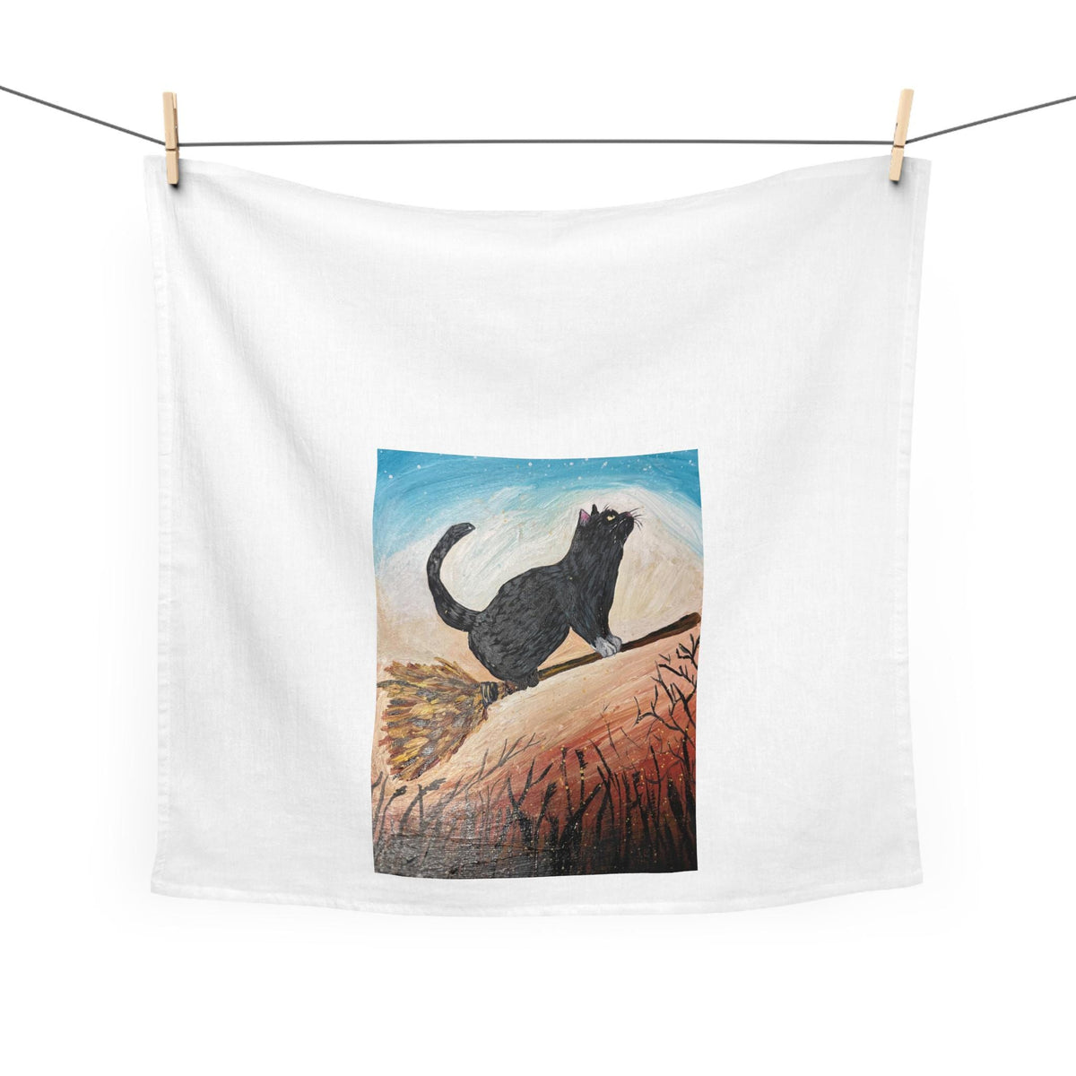 Black Cat Illustration Tea Towel | Whimsical Night Sky, Handpainted Style