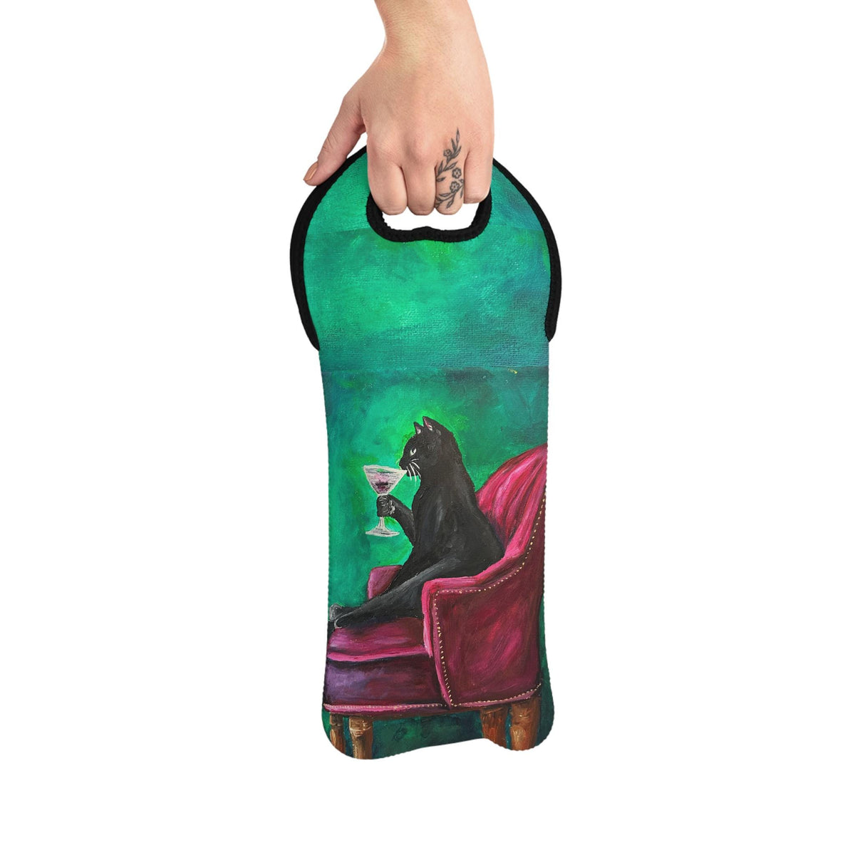 Black Cat Drinking Martini Wine Tote bag | Cat Art Bottle Carrier