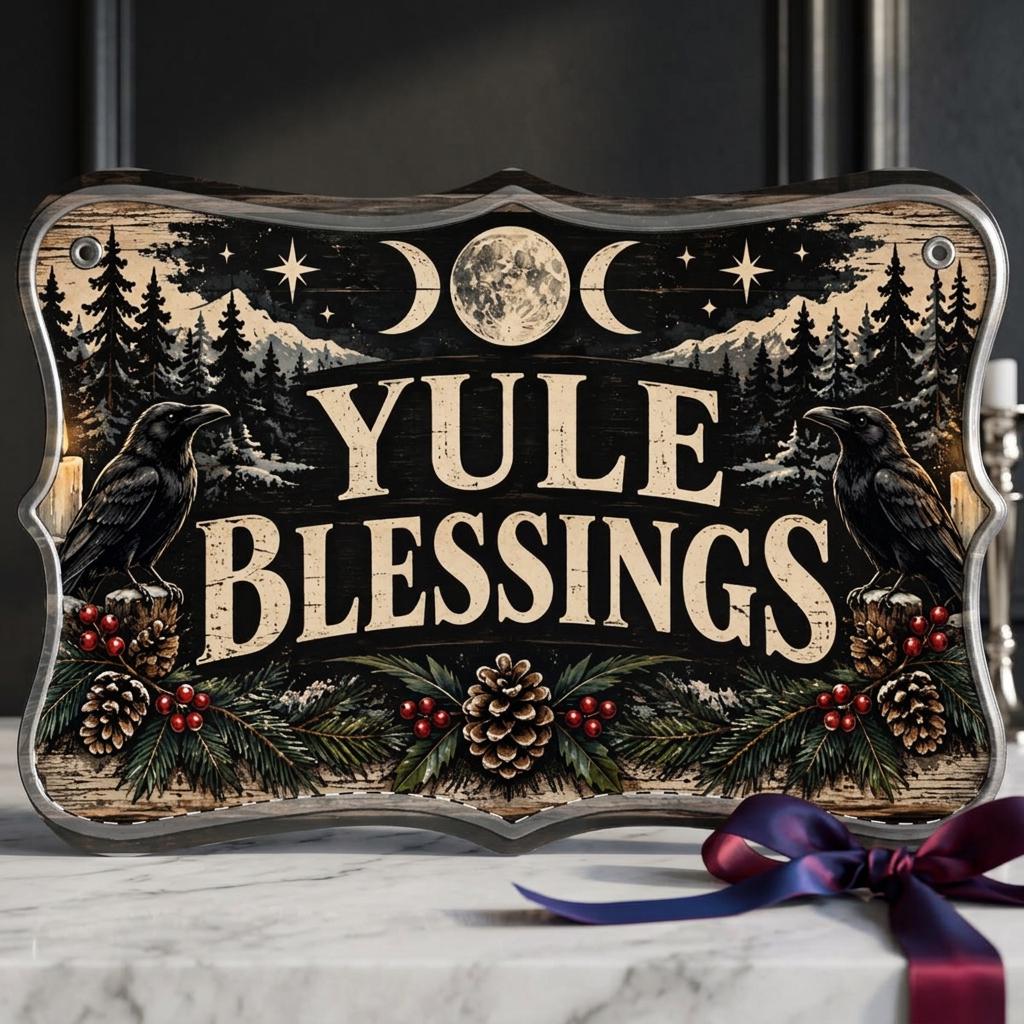 Yule Blessings Wood Panel | Pagan Winter Solstice Decor, Raven Pine Cone Sign