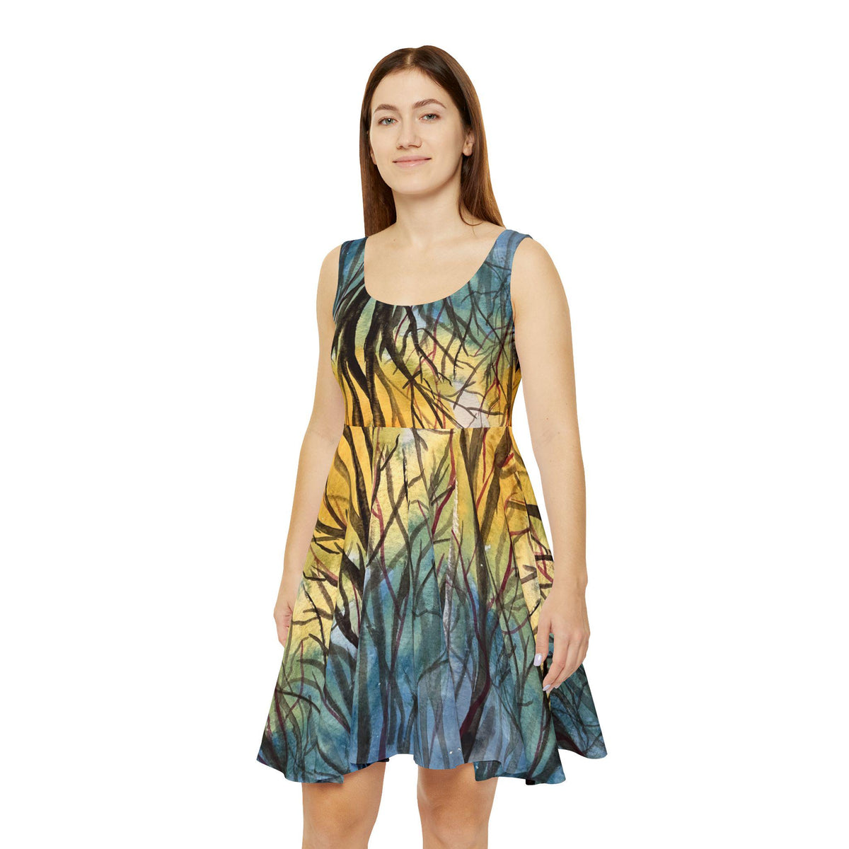 Sunset Woodland Tree Print Skater Dress | Forest branches art