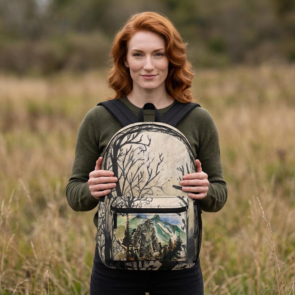 Bigfoot Forest Silhouette Backpack | Mountain Cabin Watercolor Scene