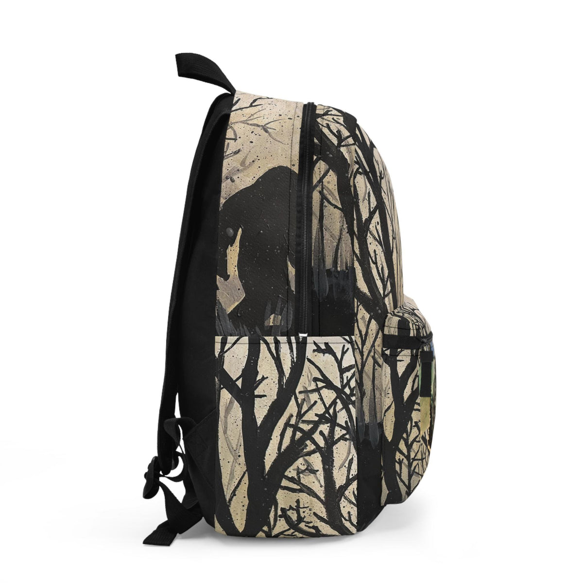 Bigfoot Forest Silhouette Backpack | Mountain Cabin Watercolor Scene
