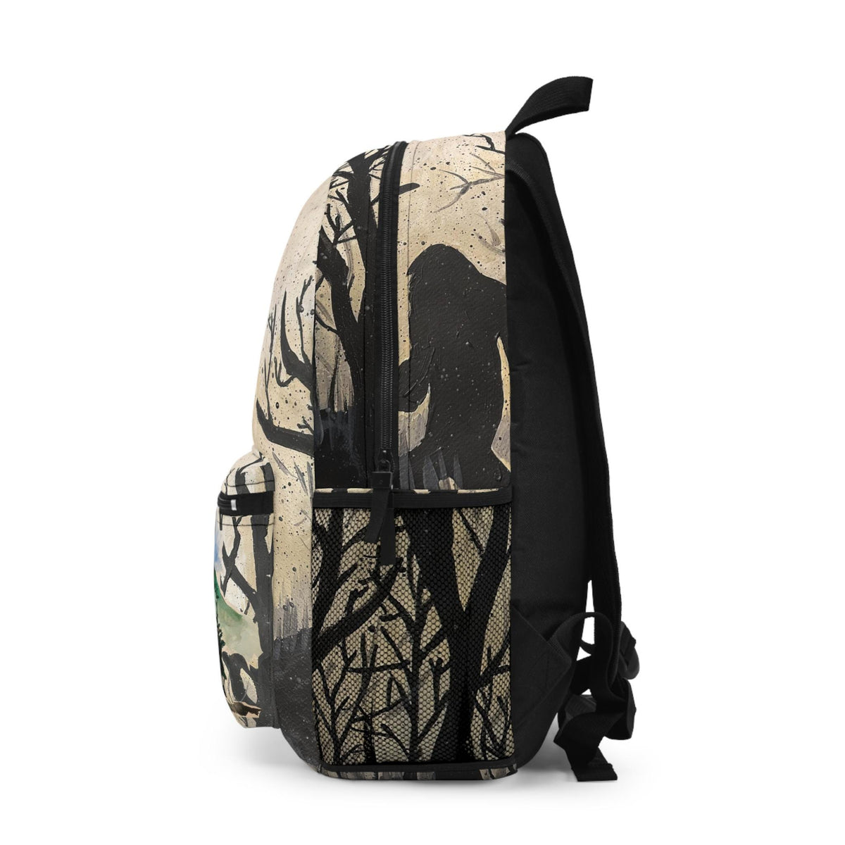 Bigfoot Forest Silhouette Backpack | Mountain Cabin Watercolor Scene