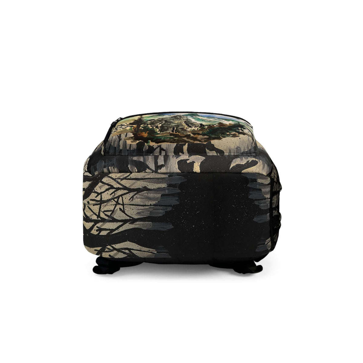 Bigfoot Forest Silhouette Backpack | Mountain Cabin Watercolor Scene