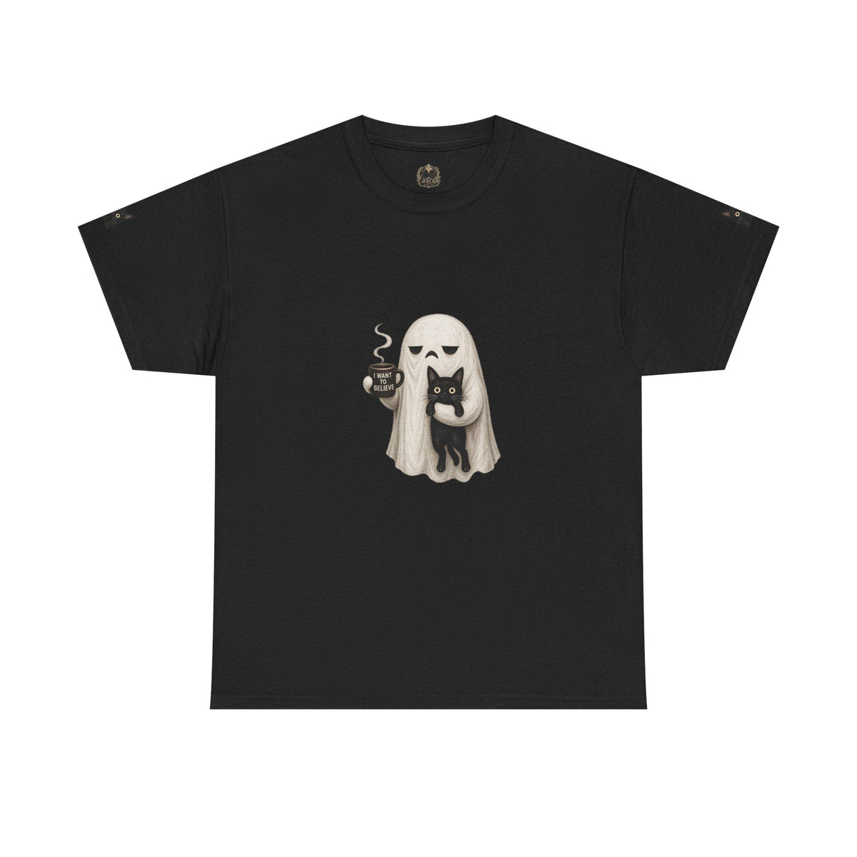 Ghost Holding Cat Tee | Cute Halloween Ghost, Coffee and Black Cat Illustration