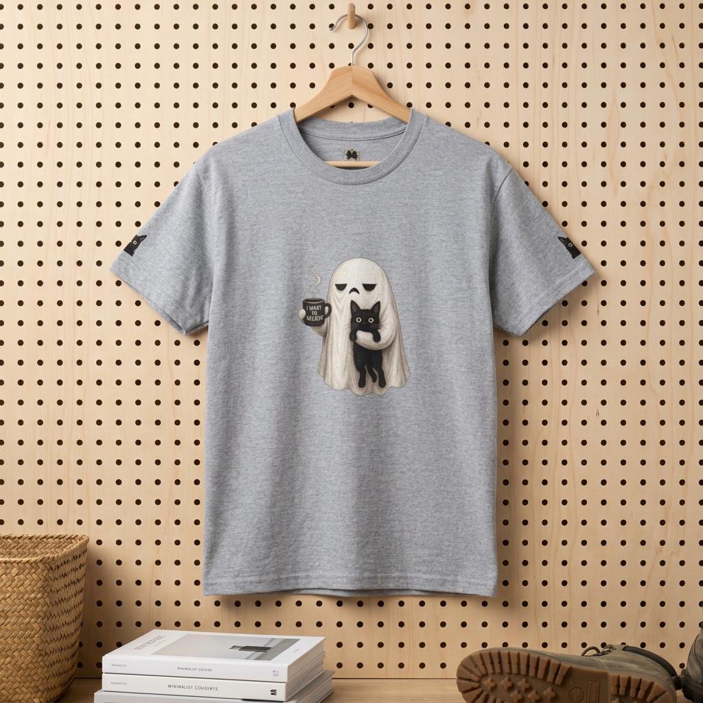 Ghost Holding Cat Tee | Cute Halloween Ghost, Coffee and Black Cat Illustration