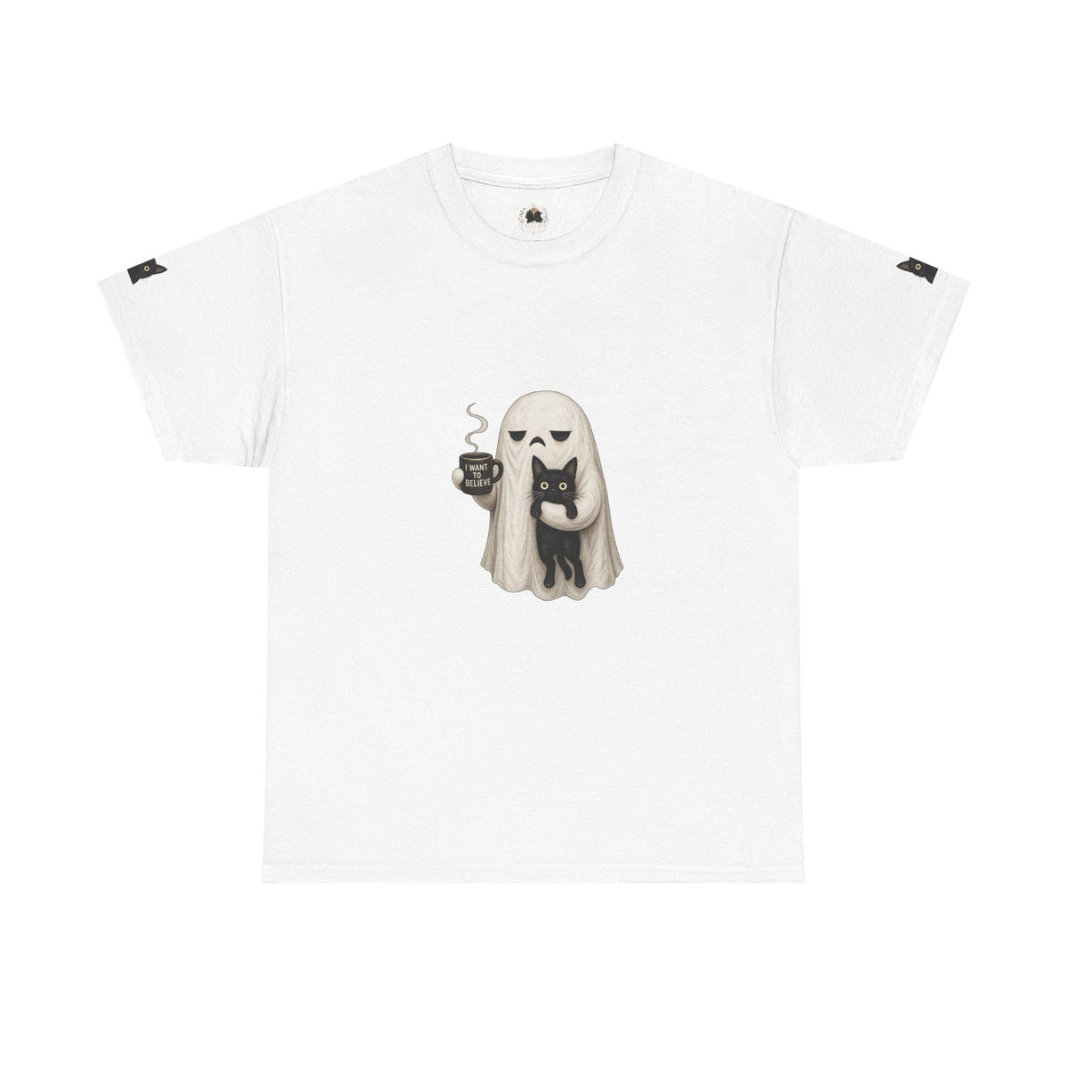 Ghost Holding Cat Tee | Cute Halloween Ghost, Coffee and Black Cat Illustration