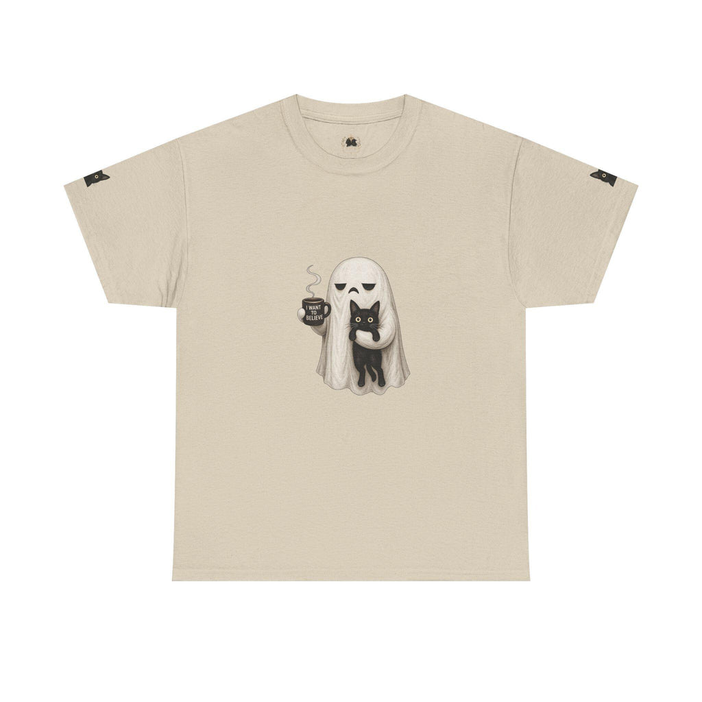 Ghost Holding Cat Tee | Cute Halloween Ghost, Coffee and Black Cat Illustration