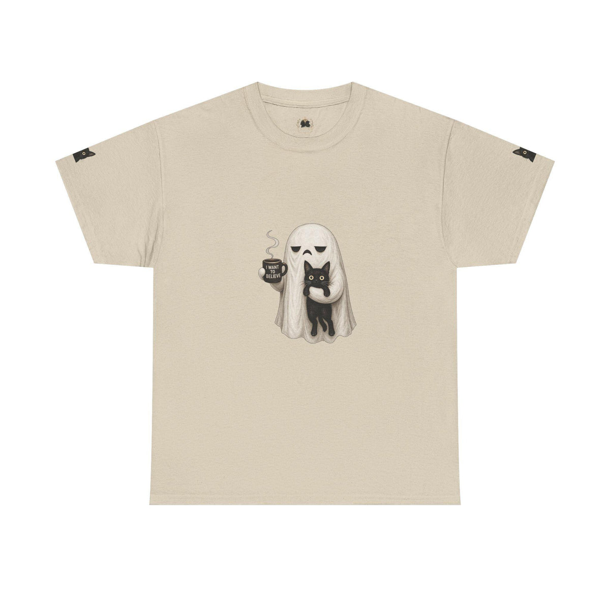 Ghost Holding Cat Tee | Cute Halloween Ghost, Coffee and Black Cat Illustration