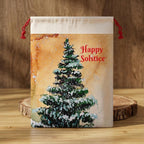 Happy Solstice Pine Tree Gift Bag | Winter Holiday Drawstring Pouch