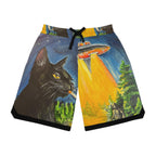 Black Cat UFO Abduction Basketball Shorts | Alien Beam All-Over Print