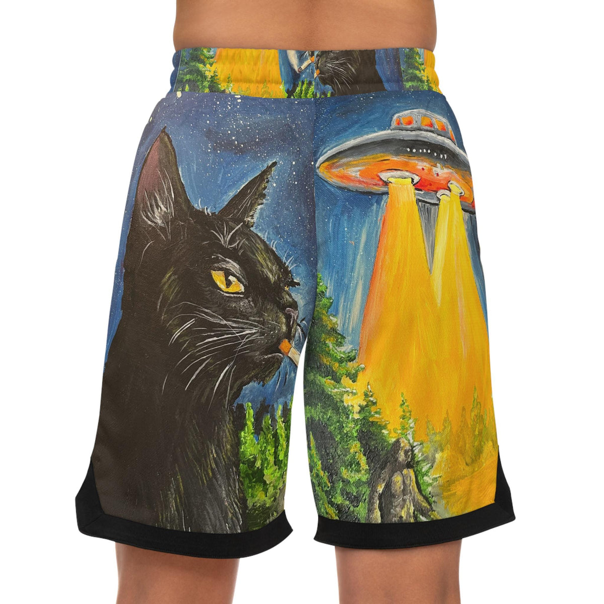 Black Cat UFO Abduction Basketball Shorts | Alien Beam All-Over Print