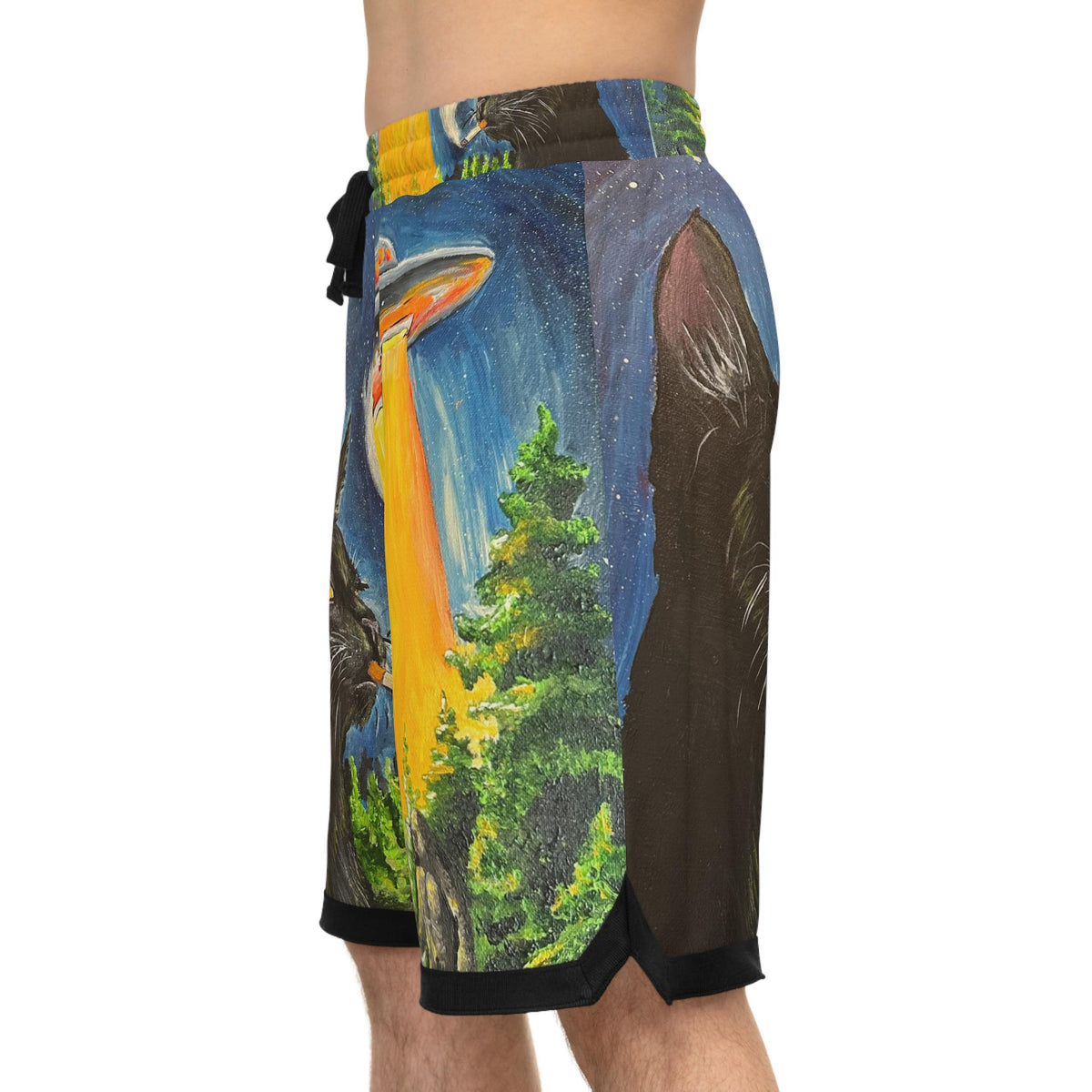 Black Cat UFO Abduction Basketball Shorts | Alien Beam All-Over Print