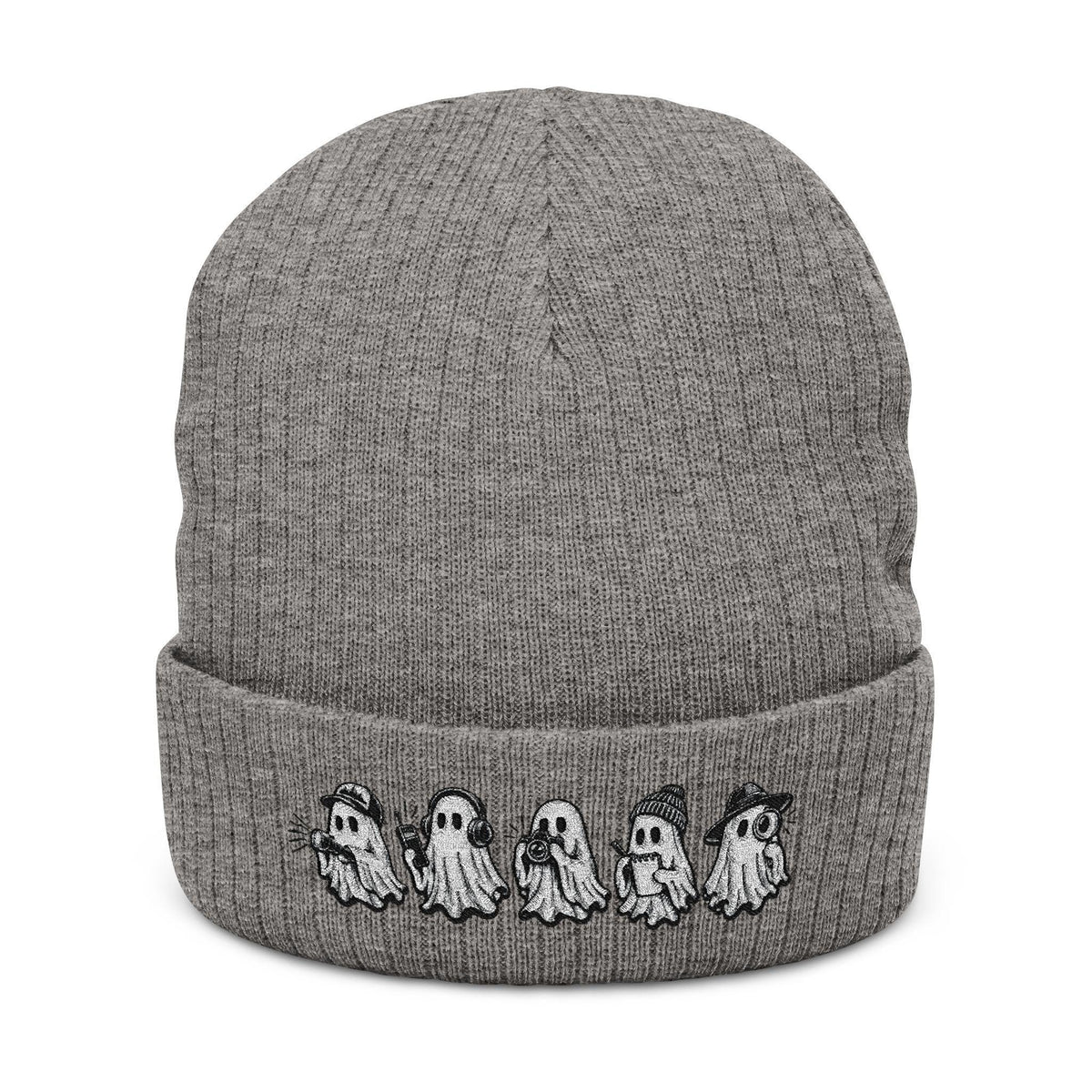 Row of Tiny Ghosts Ribbed Knit Beanie | Embroidered Halloween Cuff Hat