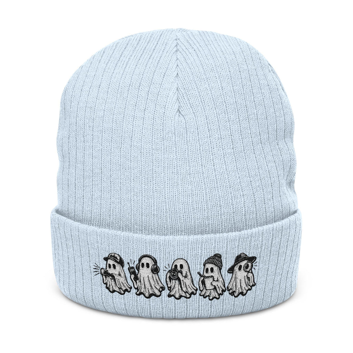 Row of Tiny Ghosts Ribbed Knit Beanie | Embroidered Halloween Cuff Hat