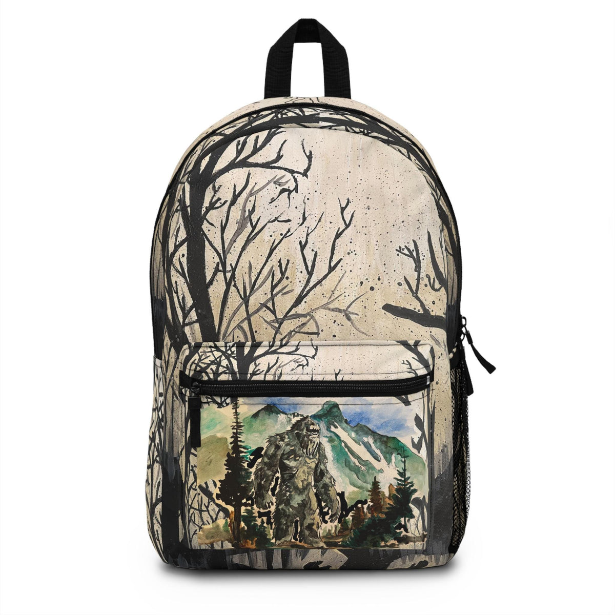 Bigfoot Forest Silhouette Backpack | Mountain Cabin Watercolor Scene