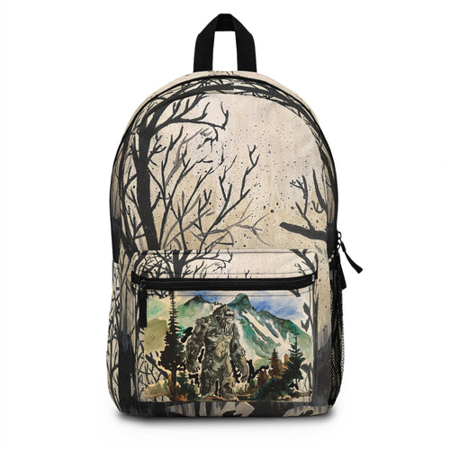 Bigfoot Forest Silhouette Backpack | Mountain Cabin Watercolor Scene