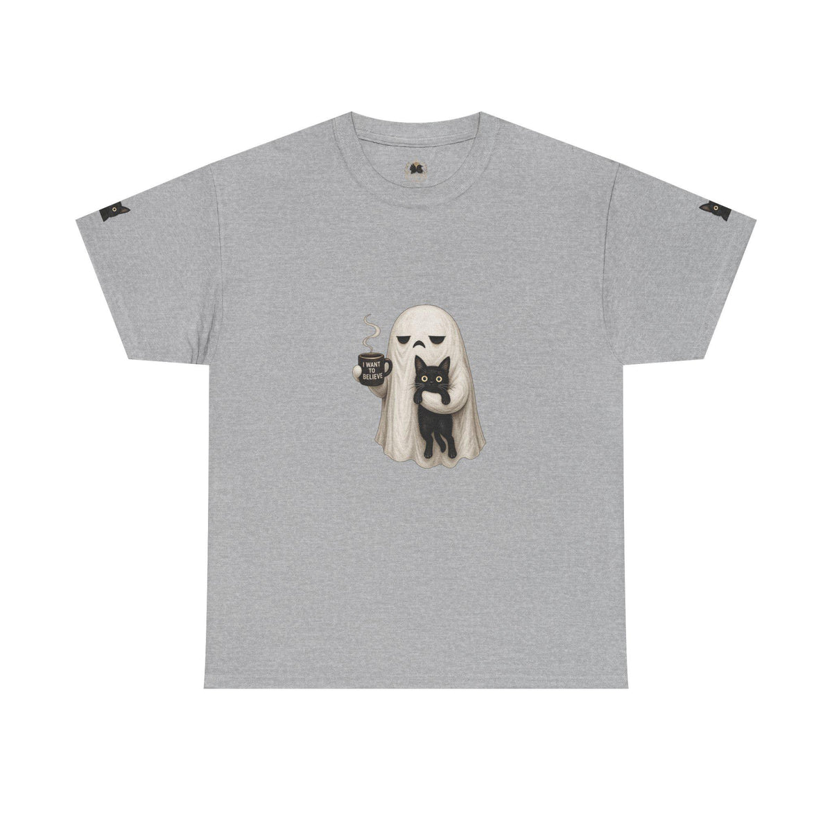 Ghost Holding Cat Tee | Cute Halloween Ghost, Coffee and Black Cat Illustration