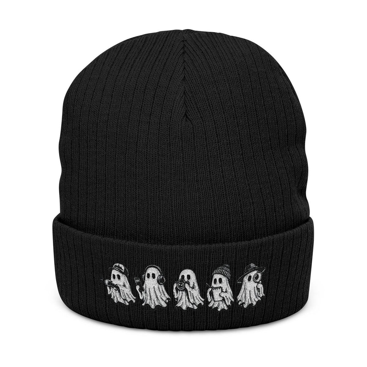 Row of Tiny Ghosts Ribbed Knit Beanie | Embroidered Halloween Cuff Hat